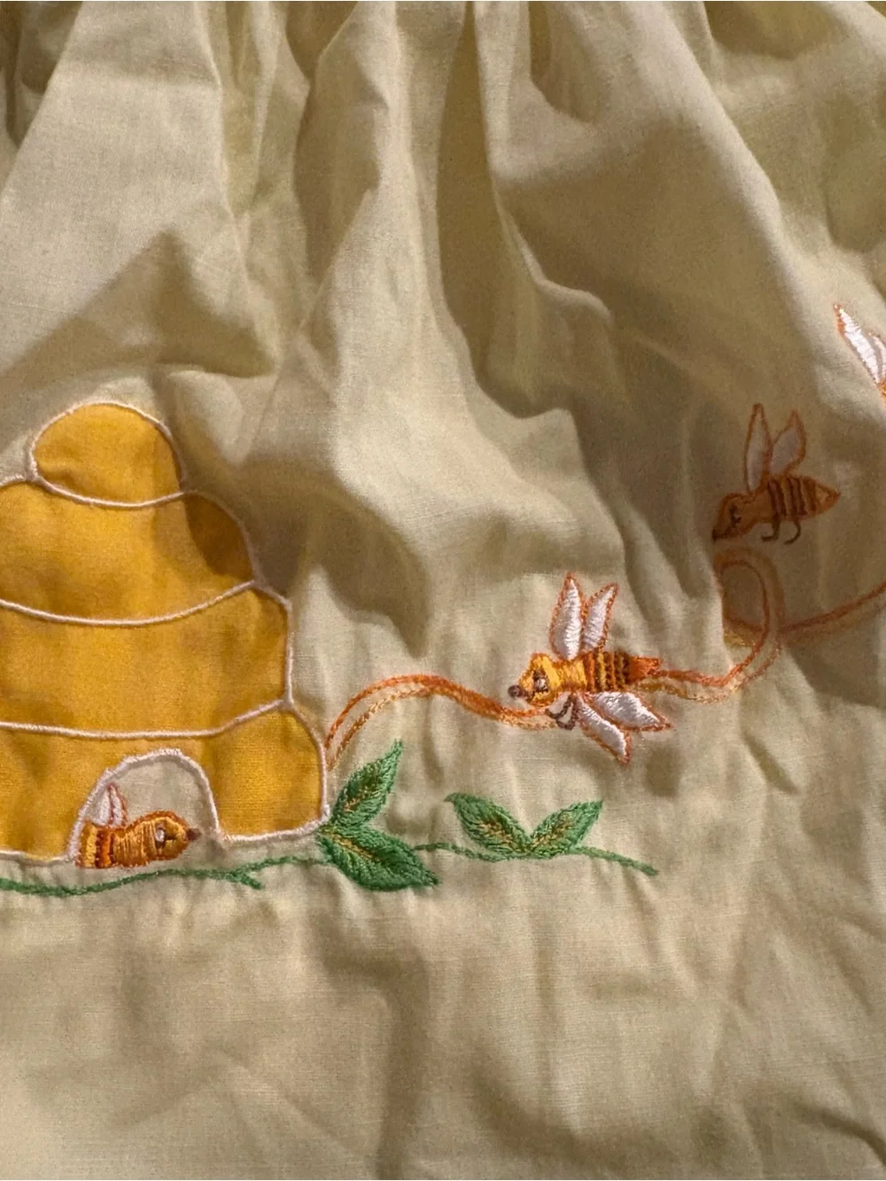 Vintage Yellow baby dress with embroidered beehive and bees, size 18 months